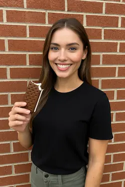 Woman smiling while eating ice cream sandwich