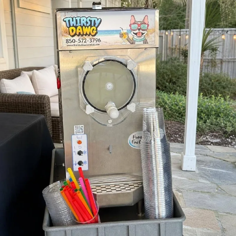 Frosty Factory 127A - High-output single-flavor machine with an extra-large freezing barrel. Great for busier parties and events that need faster serving and more frozen drinks per hour.