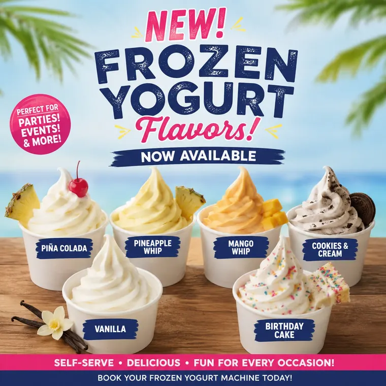Frozen yogurt flavor options now available from Thirsty Dawg Rentals